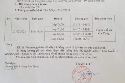LỊCH TIÊM VẮC XIN COVID 19 CHO HỌC SINH KHỐI 7,8